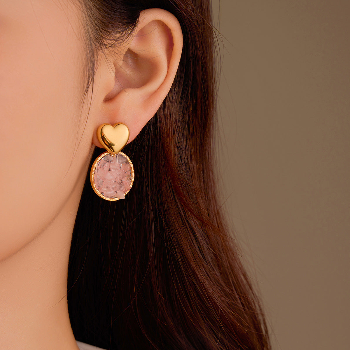Pendientes Colgantes de Acero Inoxidable con Forma de Corazón Estilo Vintage, Incrustaciones de Piedras Naturales y Baño de Oro