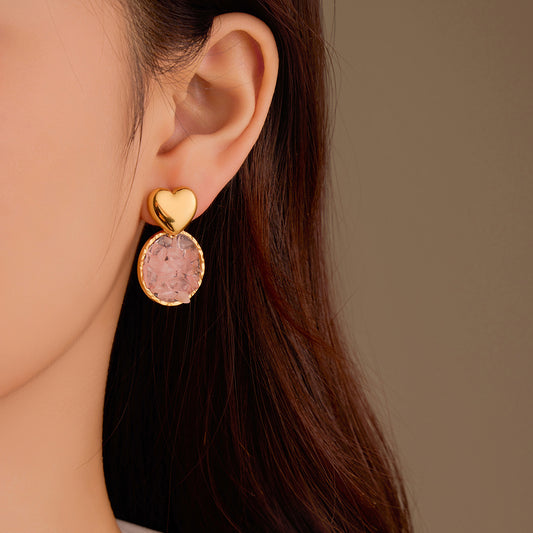 Vintage Style Heart-Shaped Stainless Steel Pendant Earrings with Natural Stone Inlay and Gold Plating