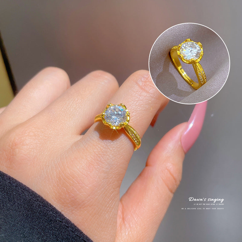Luxury Minimalist Plated Brass Crown Rhinestone Adjustable Ring for Women