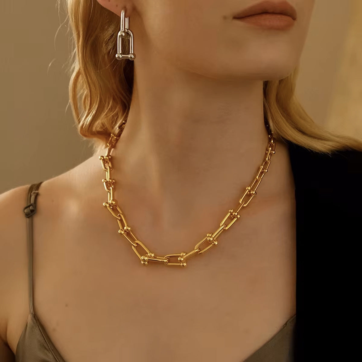 Minimalist Geometric U-Shaped Horseshoe Clasp Stainless Steel Necklace for Women with Electroplated Titanium Steel Finish