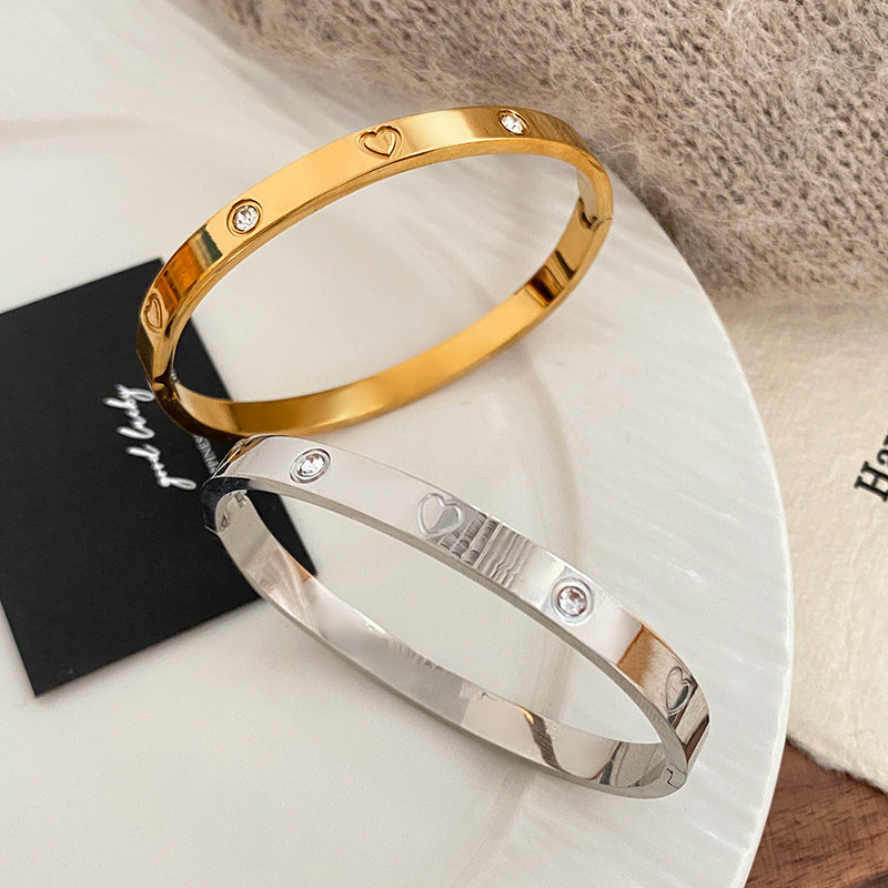 Minimalist Heart Micro-Paved Cubic Zirconia Plated Titanium Steel Bracelet for Women