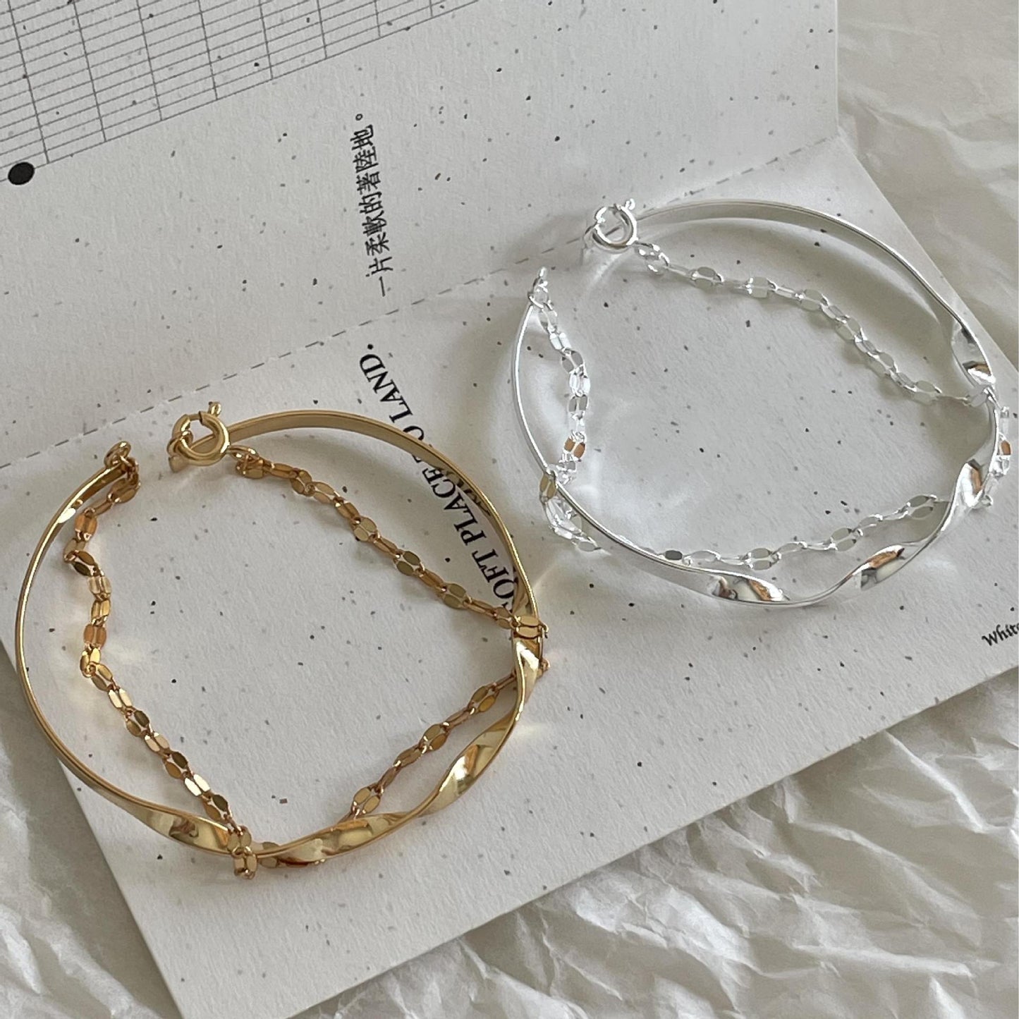 Pulsera de doble capa geométrica chapada en plata de ley 925 minimalista para mujer