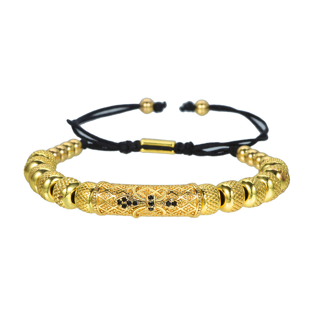 Vintage Adjustable Stainless Steel Geometric Round Bead Cubic Zirconia Curved Tube Bracelet for Men and Women