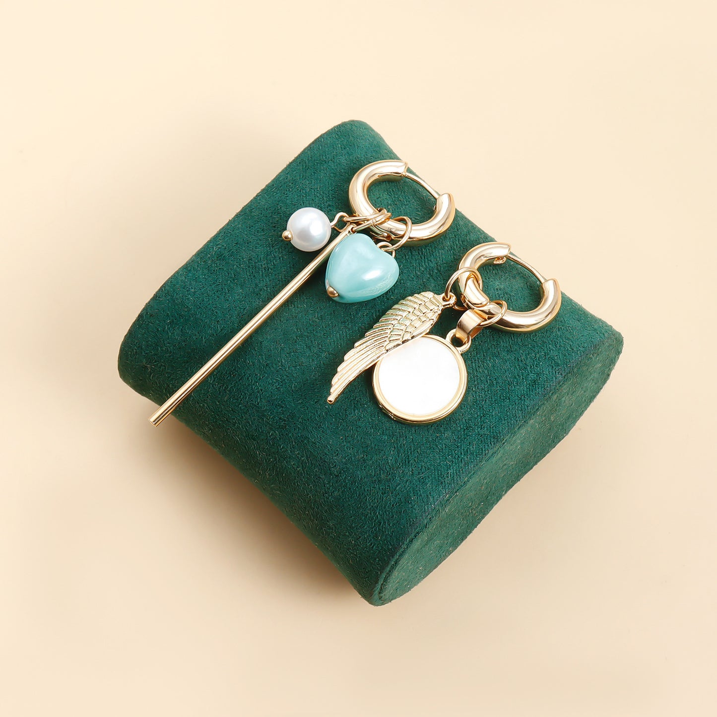 Vintage Heart Geometric Ceramic Pearl Wing Plated Asymmetric Earrings for Women