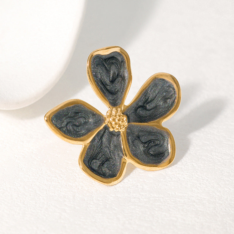 Vintage French-Style Stainless Steel Ring with Enamel Five-Petal Floral Design for Women, Minimalist Adjustable Open Band