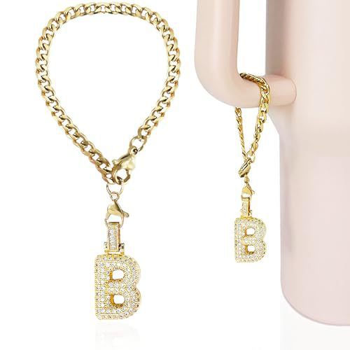 Cubic Zirconia Inlaid Brass Letter Charm Bar with Plated Finish