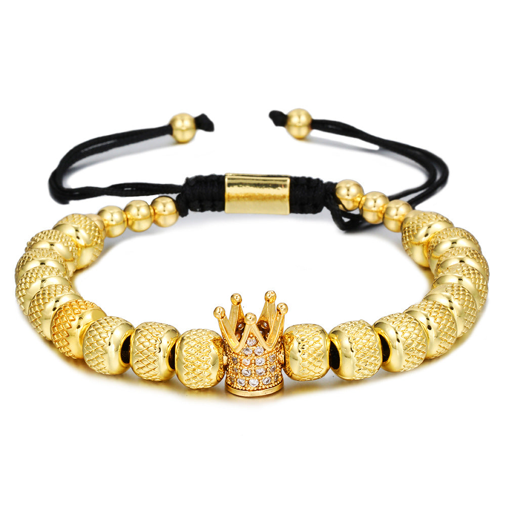 Vintage Geometric Titanium Steel Bracelet with Cubic Zirconia Pineapple Beads and Crown Charms for Unisex
