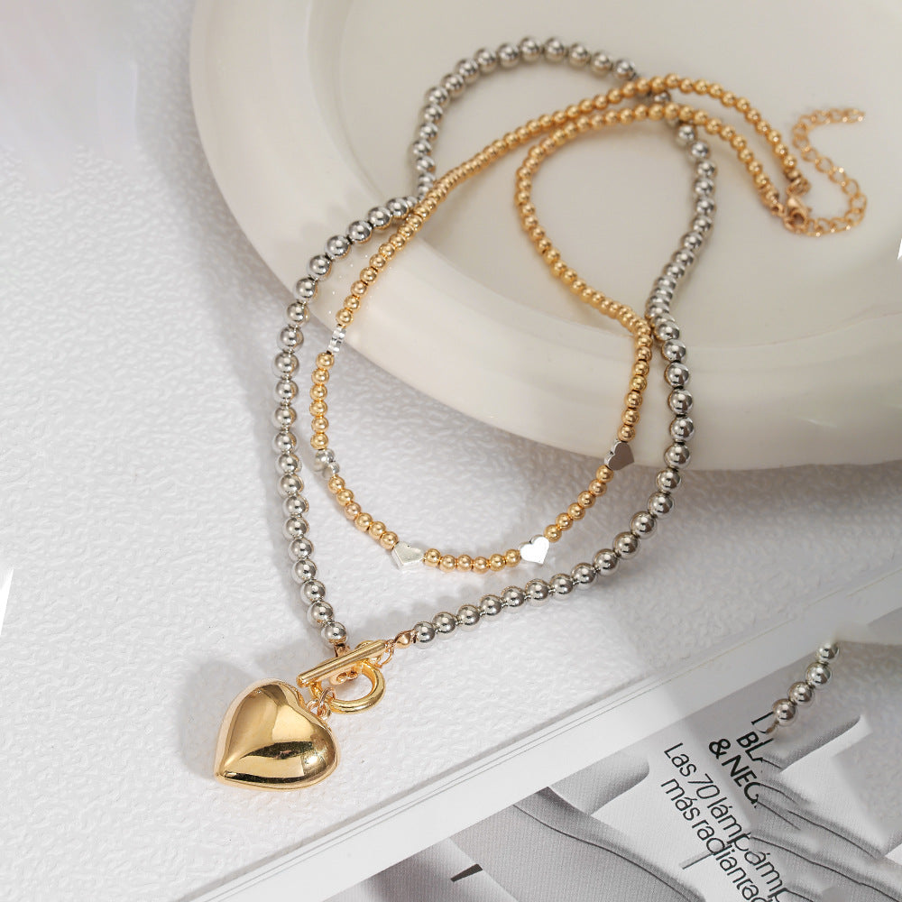 Sweet Streetwear Polished Alloy Heart Geometric Pendant Necklace with CCB Beads Choker for Women