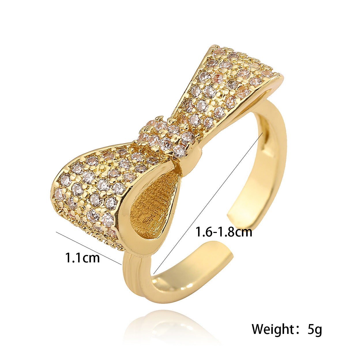 Anello alla moda in rame delicato placcato oro 18 carati con fiocco in zirconia micro-pavé per donna
