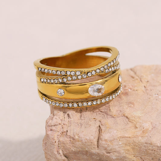 Anillo de Acero Inoxidable Geométrico Minimalista con Baño de Oro de 18K y Detalles de Circonita Multicapa para Mujer