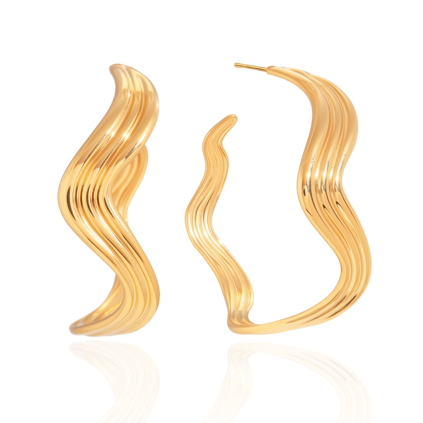 18K Gold Plated Geometric Stainless Steel Wave Hoop Earrings for Women