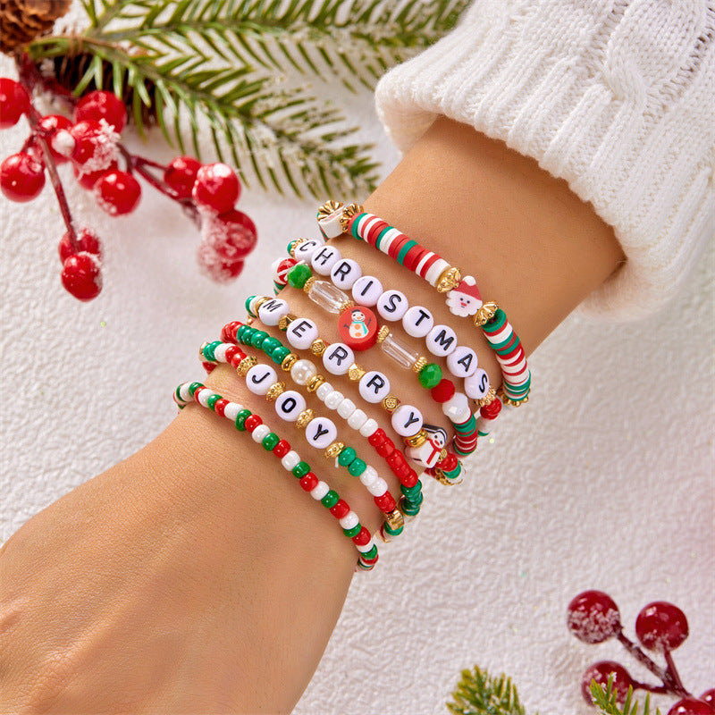 Handmade Christmas Style Beaded Bracelet Set with Alphabet Charms and Polymer Clay Beads in Alloy for Unisex Wear