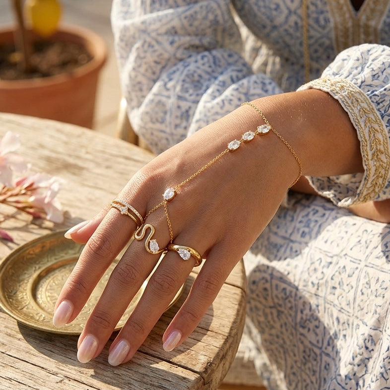 Elegant Geometric Stainless Steel Ring Bracelet Set with Cubic Zirconia for Women