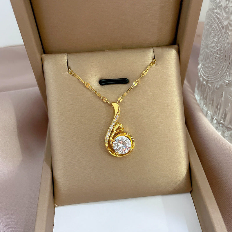 Cartoon Style Dove Pendant Necklace in Titanium Steel with Rhinestone Inlay for Women and Men, Delicate Clavicle Chain