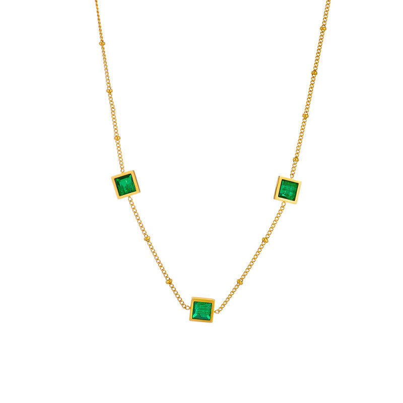 Minimalist Elegant Green Cubic Zirconia Geometric Titanium Steel Necklace for Women