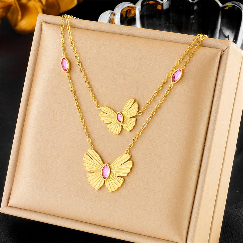 Vintage Bohemian Stainless Steel Heart Star Butterfly Square Pendant Necklace with Rhinestone and Turquoise Inlay