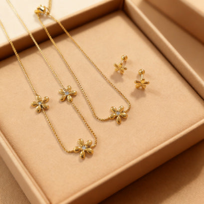 Vintage Elegant Floral Stainless Steel Plated Necklace Bracelet Earring Set for Women