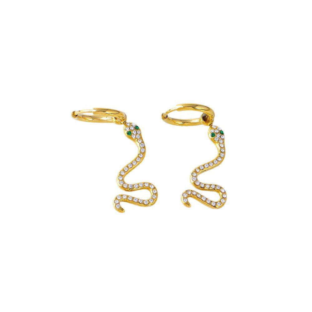 Orecchini da donna alla moda a forma di serpente geometrico in acciaio inossidabile con placcatura in oro 18 carati e intarsio completo di zirconi
