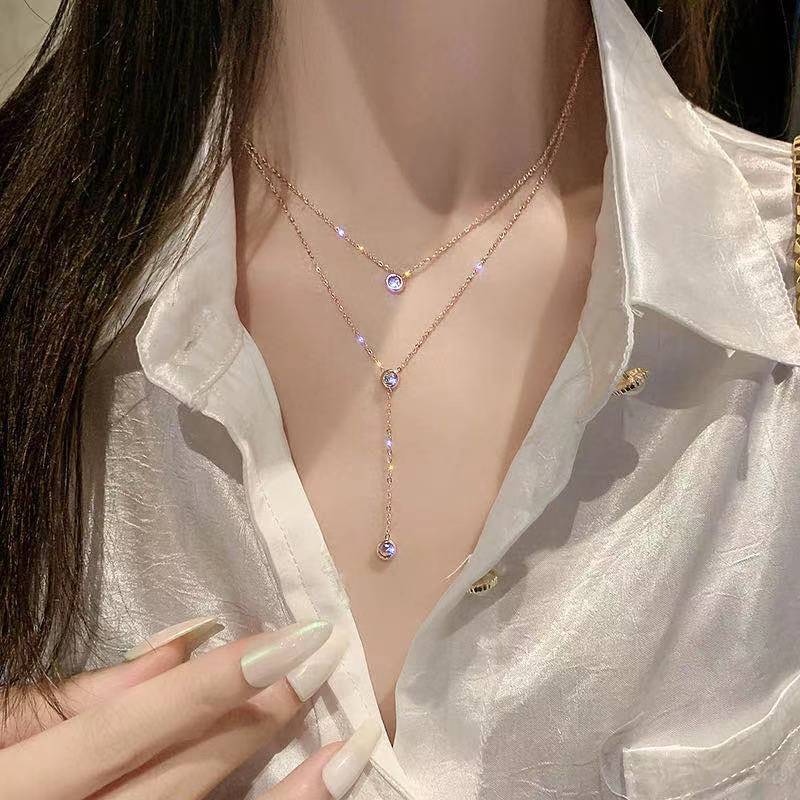 Double Layer Tassel Titanium Steel Necklace for Women Sweater Chain Layering Geometric Pendant
