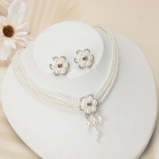 Sweet Floral Polka Dot Rhinestone Inlaid Alloy Pearl Ball Chain Necklace Earring Set for Women