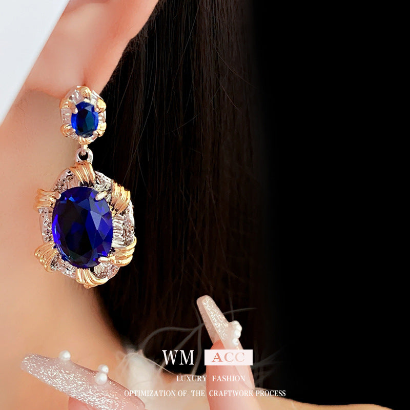 Orecchini a perno ovali da donna in zircone blu geometrico stile vintage con metallo placcato argento e perni in acciaio