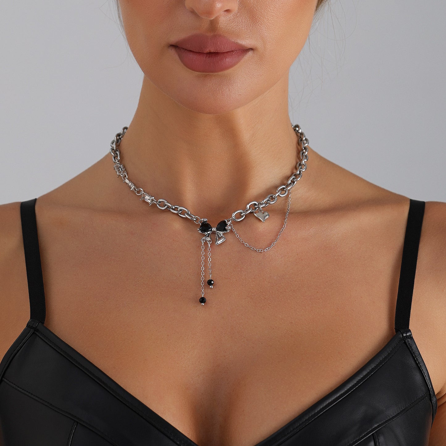 Gothic Streetwear Heart Butterfly Rhinestone Alloy Necklace with Tassel for Women