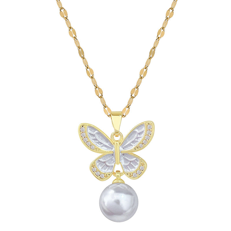 Sweet Drip Oil Butterfly Rhinestone and Pearl Necklace Set with Titanium Steel Cable Chain for Women