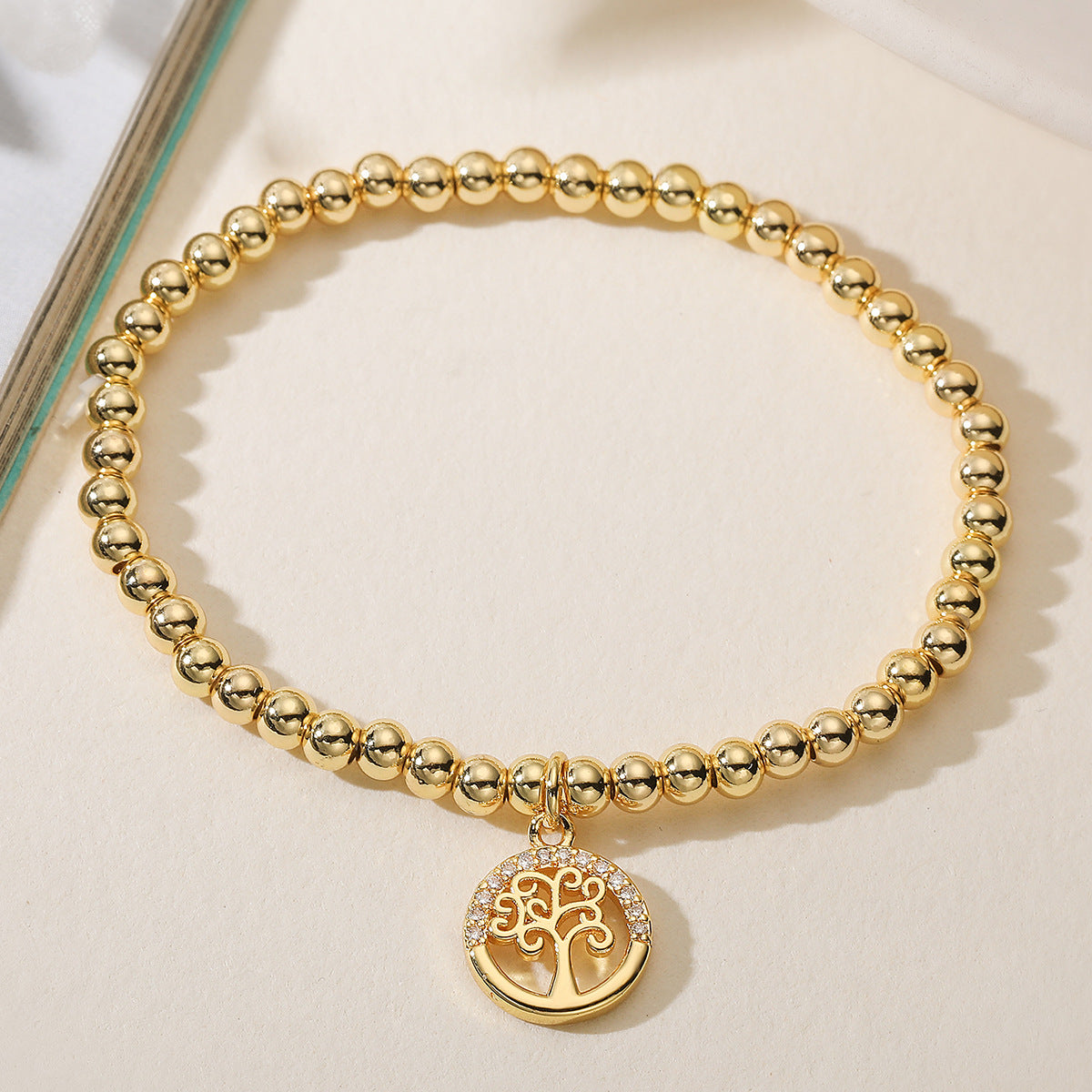 Minimalist 18K Gold Plated Brass Geometric Tree of Life Cubic Zirconia Inlay Bracelet for Women
