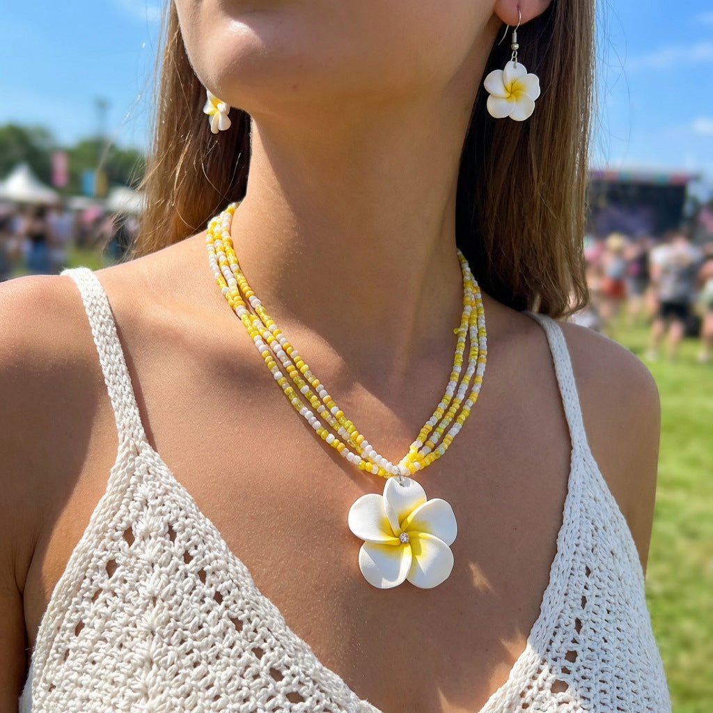 Sweet Handmade Floral Resin and Glass Bead Necklace and Earring Set for Women