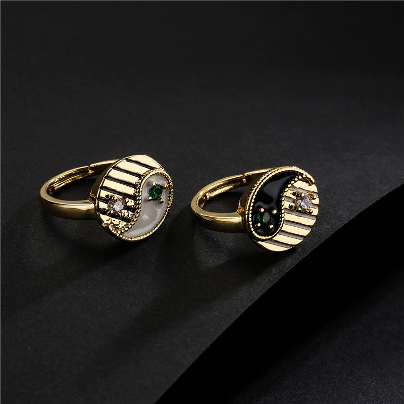 Geometric Drip Oil Brass Ring with Cubic Zirconia Yin Yang Tai Chi Bagua Design for Women