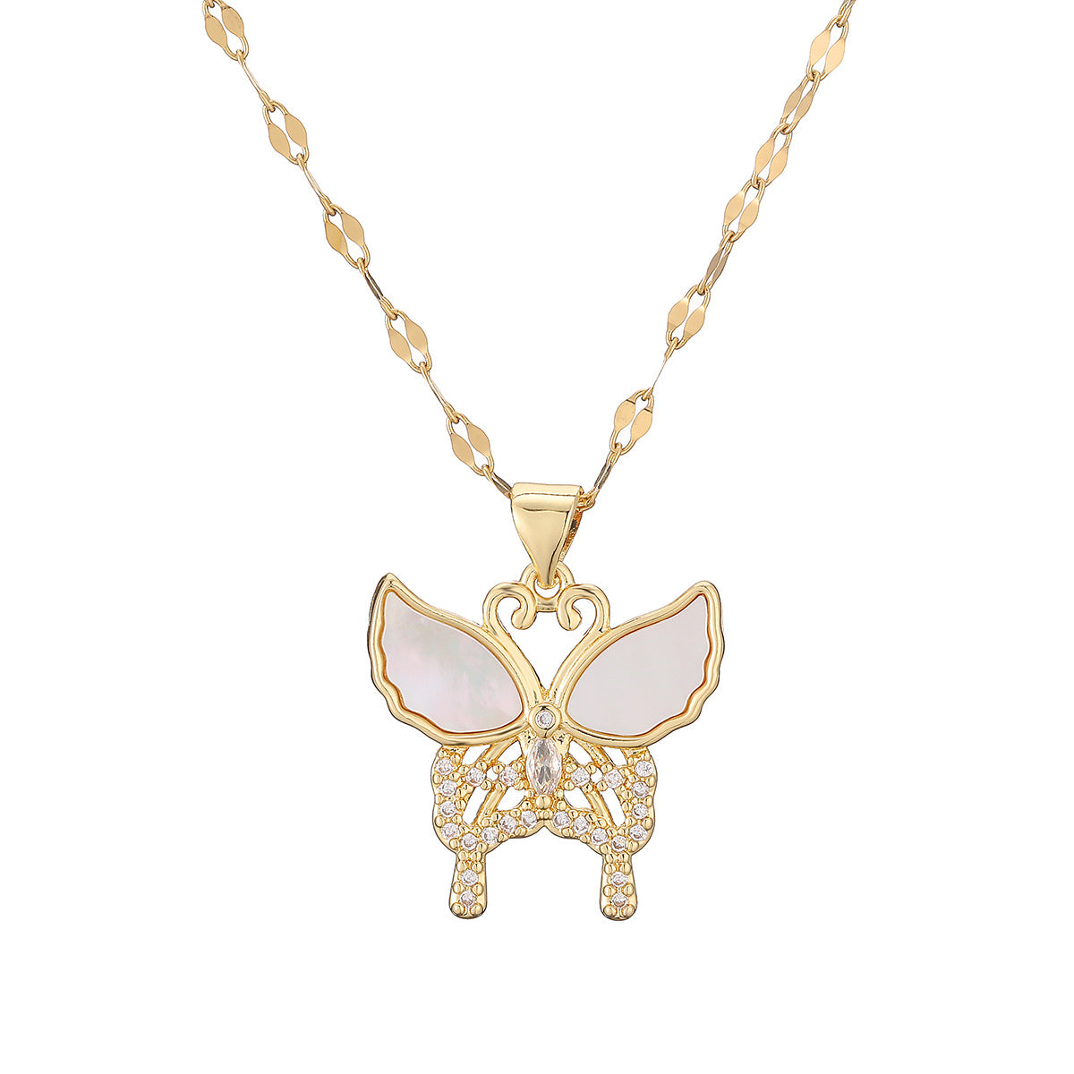 Minimalist 18K Gold Plated Brass Butterfly Necklace with Cubic Zirconia for Women