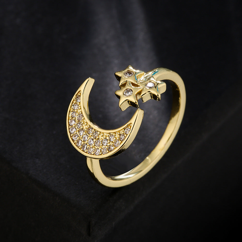 Anello aperto in stile europeo con stella e luna geometriche, placcato oro 18K su rame, zirconi micropavé, gioielli da donna
