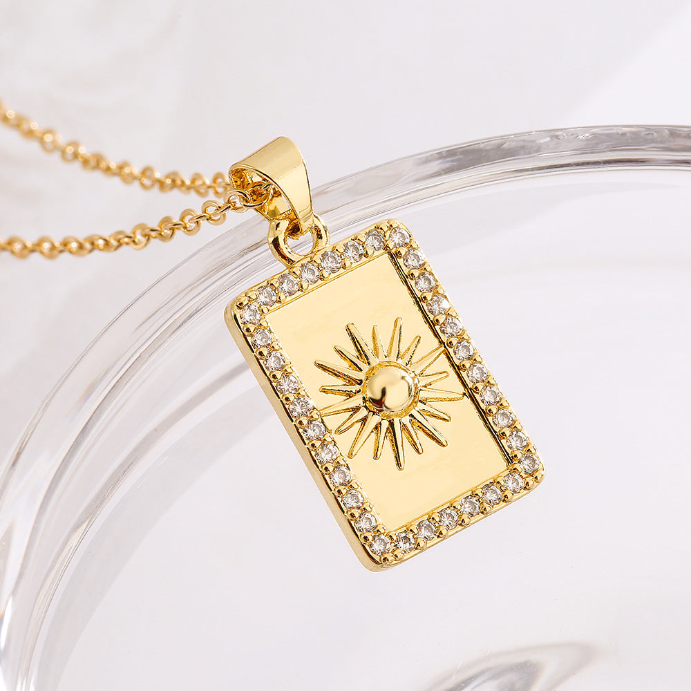 Geometric Sun Star Moon Square Pendant Necklace in Copper with 18K Gold Plating and Zircon Inlay for Women