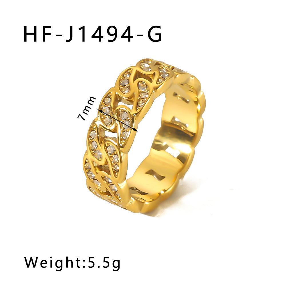 Minimalist Star Heart Geometric Stainless Steel Ring with Zirconia Inlay and 18K Vacuum Plating for Women