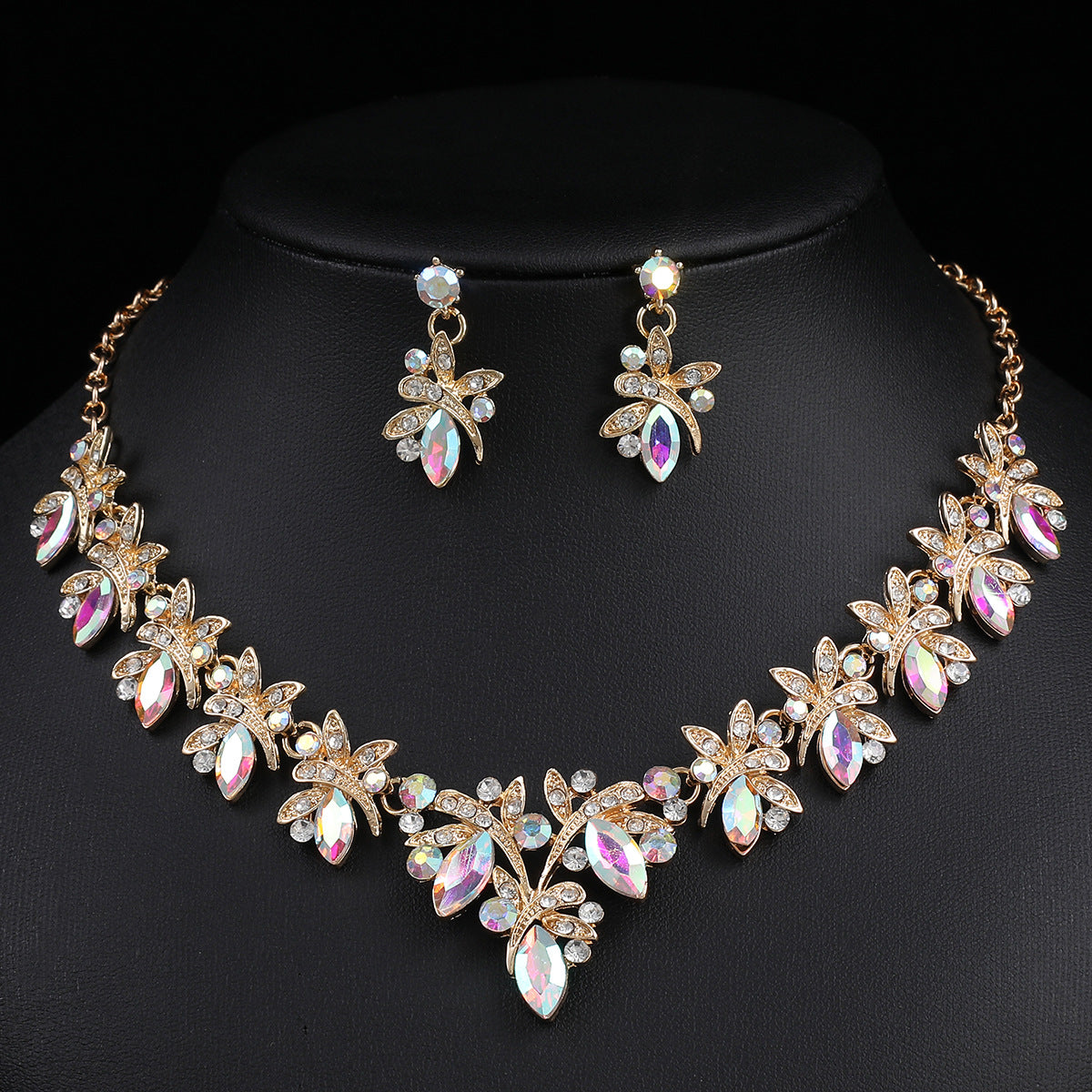 Rustic Floral Style Dragonfly Pendant Necklace and Earrings Set in Alloy with Rhinestone Inlay and Gold Plating on O-Chain for Women