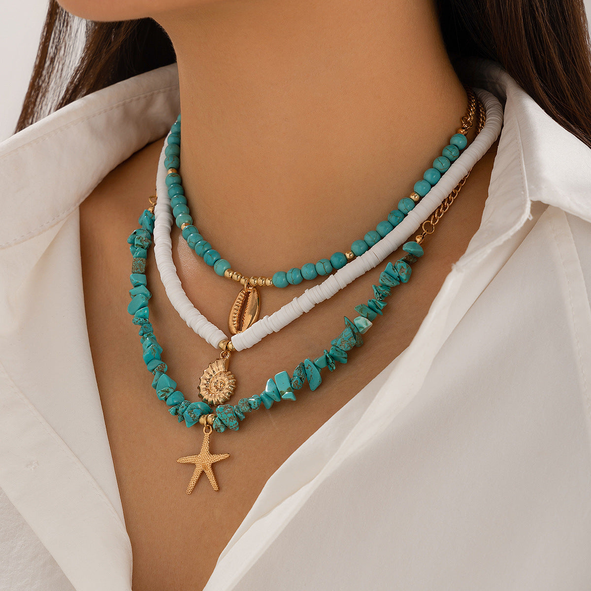Bohemian Teardrop Alloy Plated Necklace with Turquoise and Shell Elements Multi-layer Ball Chain for Women