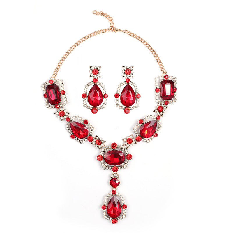Exaggerated Vintage Alloy Necklace and Earring Set with Artificial Gemstone Inlay and Ruyi Lock Pendant for Women