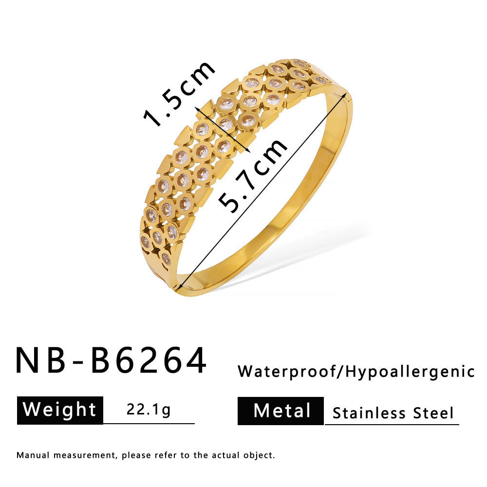 Vintage Geometric Stainless Steel Hollow Bracelet with Rhinestone Inlay and 18K Gold Plating