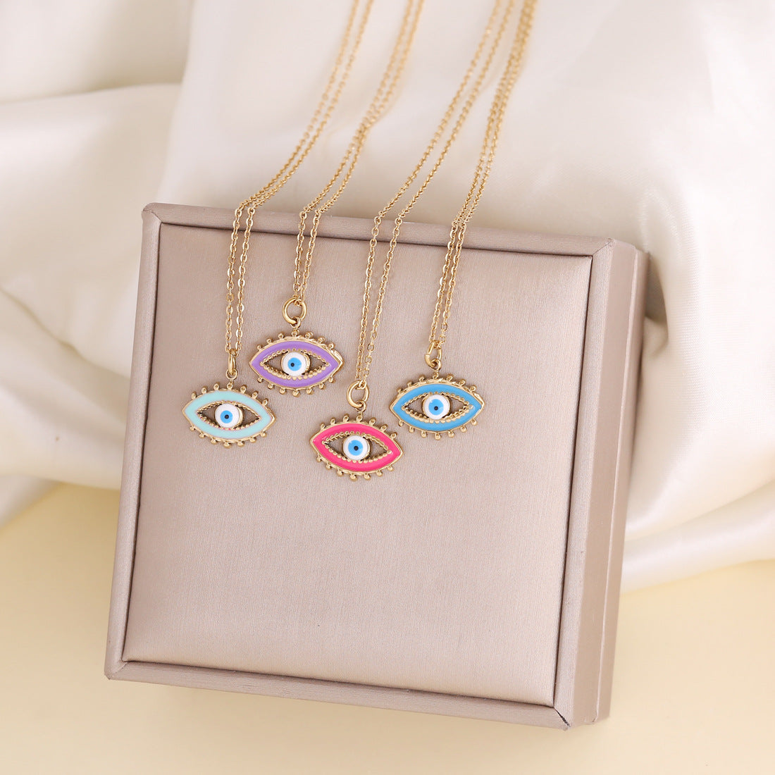 Bohemian Evil Eye Pendant Necklace in Stainless Steel with Enamel Finish