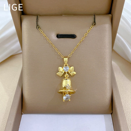 Collar con Colgante de Campana y Nudo de Mariposa para Mujer con Incrustaciones Completas de Diamantes de Imitación en Cadena de Acero de Titanio, Estilo Elegante Minimalista
