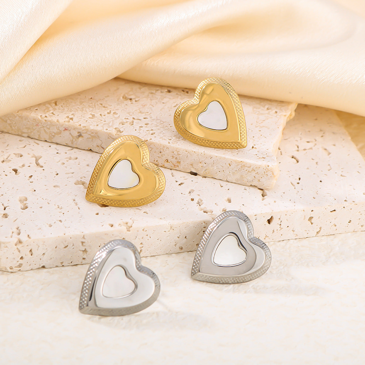 Minimalist Heart-Shaped Earrings in Stainless Steel with 18K Gold Plating, Polished Mirror Finish for Women