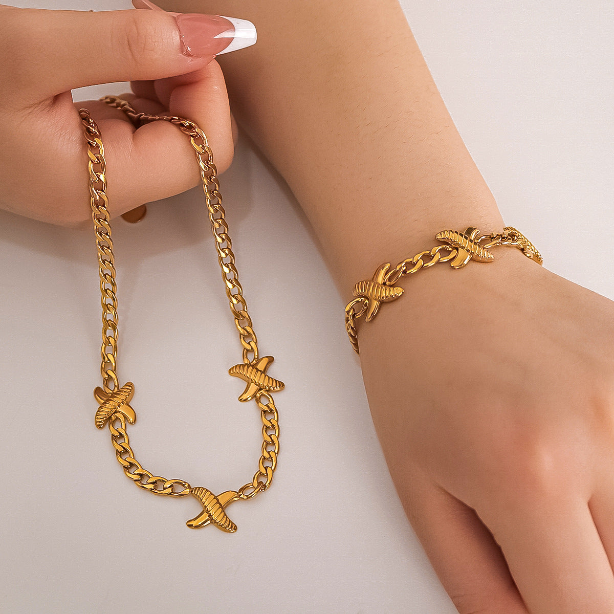 Geometric Shape Stainless Steel Necklace and Bracelet Set with 18K Gold Plating for Women