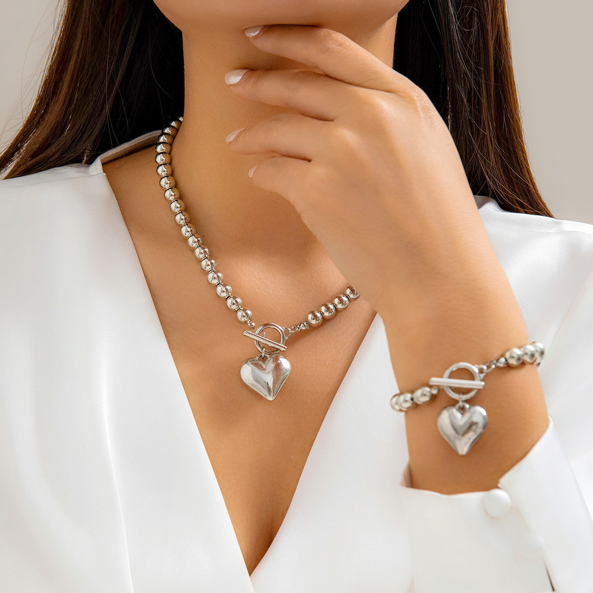 Geometric Heart Faux Pearl Ball Chain Necklace for Women