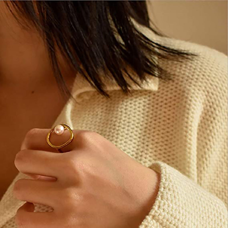 Anello da donna con perle, motivo geometrico, ispirazione vintage, in acciaio inossidabile placcato oro 18 carati