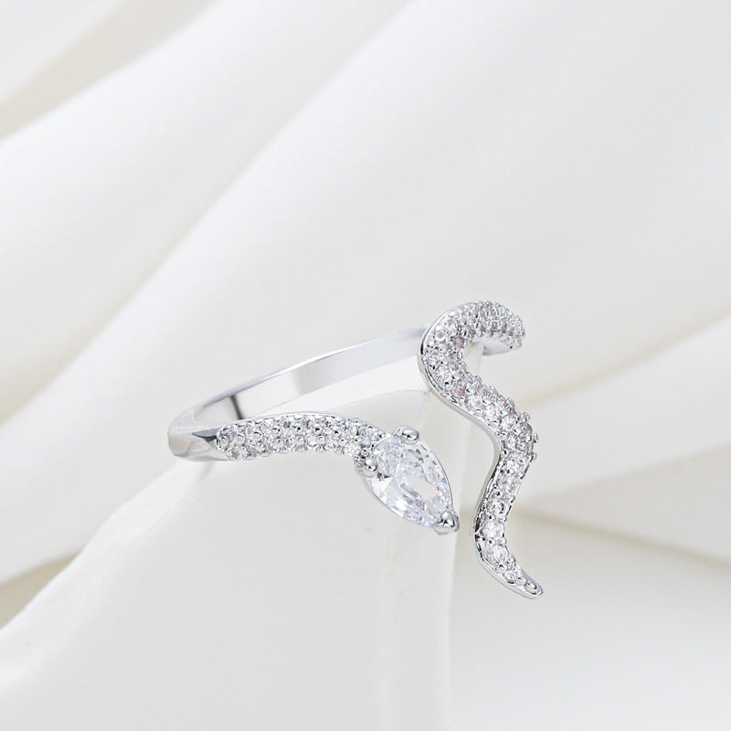 Minimalist Snake-Shaped Copper Ring with Zircon Inlay for Women Adjustable Open Band