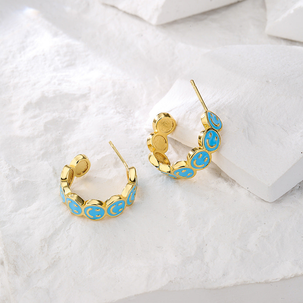 Cute Playful INS-Style Geometric C-Shaped Smiley Face Earrings for Women with Copper Base and 18K Gold Plating and Enamel Finish