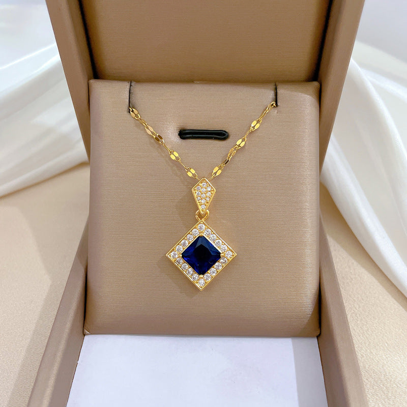 Luxury Titanium Steel Geometric Blue Rhombus Necklace and Earrings Set for Women Formal Events