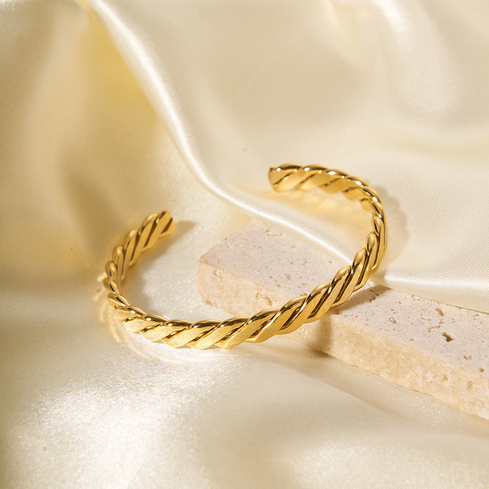 Minimalist Braided Open Bangle Bracelet in Stainless Steel with 18K Gold Plating for Women