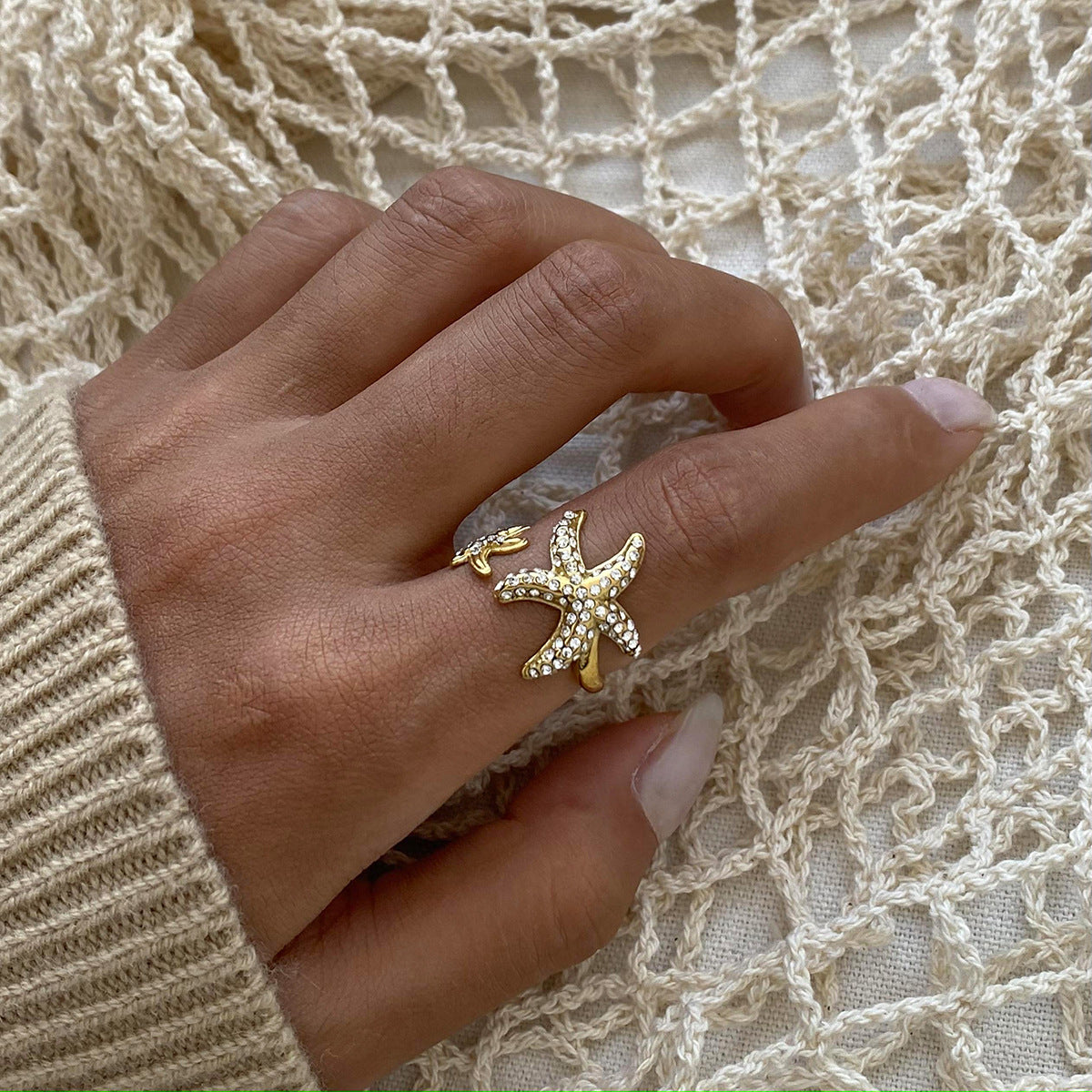 Full Rhinestone Starfish Stainless Steel Ring Plated Women