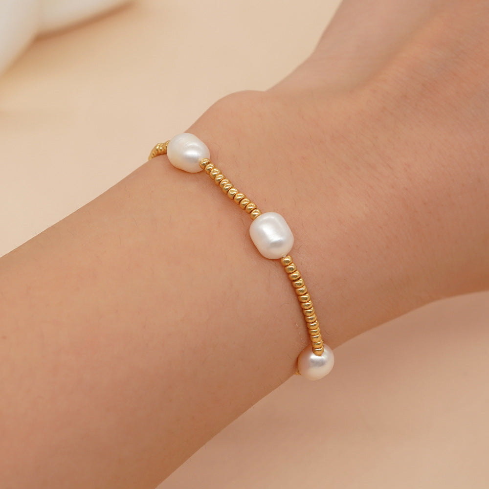 Sweet Geometric Oval Pearl Ball Chain Bracelet for Women